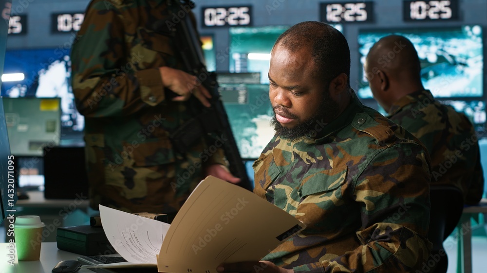 Poster military officer in command post receiving intel folder files on enemy battle formation. intelligenc