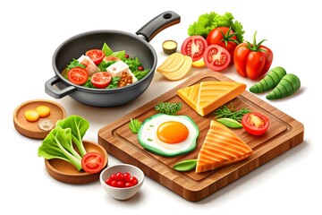 3D Breakfast Scene with Frying Pan, Sunny-Side Egg, and Grilled Sandwich - Healthy Meal Icon Design