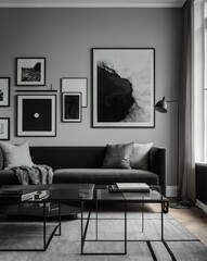 Black and white minimalist living room, single grey fabric chair, matte black small cabinet, simple wall shelf with monochrome books, large modern framed photo art on white wall, moody yet clean desig
