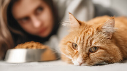 Contemplative ginger cat rests near its food bowl with a woman in the background, creating a cozy and intimate indoor scene.