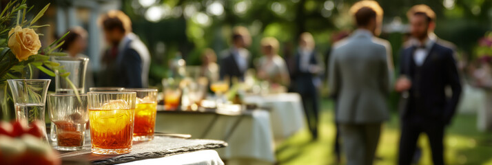 Outdoor social gathering with refreshments and people mingling at a garden party during a celebration on a bright sunny day.