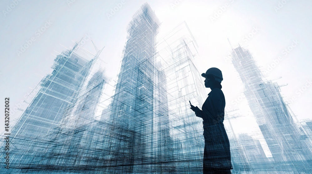 Aufkleber architect reviewing skyscraper outline in structural wireframe design