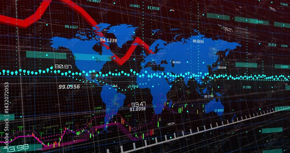 Poster stylized blue world map displaying turquoise dots and red line graph over black grid background