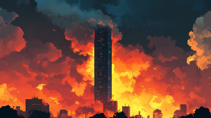 The skyscraper silhouette stood against the burning sky. Darklight Spire. Illustration