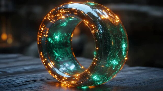 A glowing, transparent ring with embedded lights, resting on a rustic wooden surface outdoors