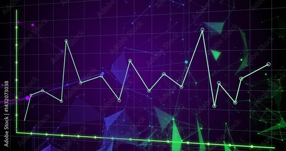 Poster light-green line graph moving across dark purple grid, showing neon triangular network polygons