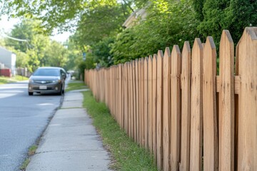 Fototapeta premium Wooden fence along sidewalk with car parked nearby on a sunny day in a quiet neighborhood
