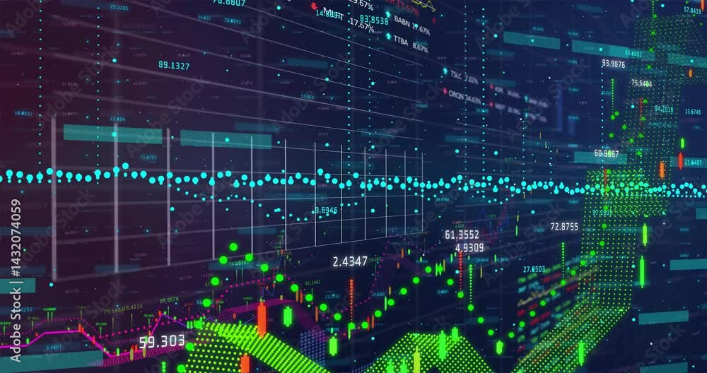 Poster green dotted arrow winding through dark grid trading interface, showing candlestick and line charts