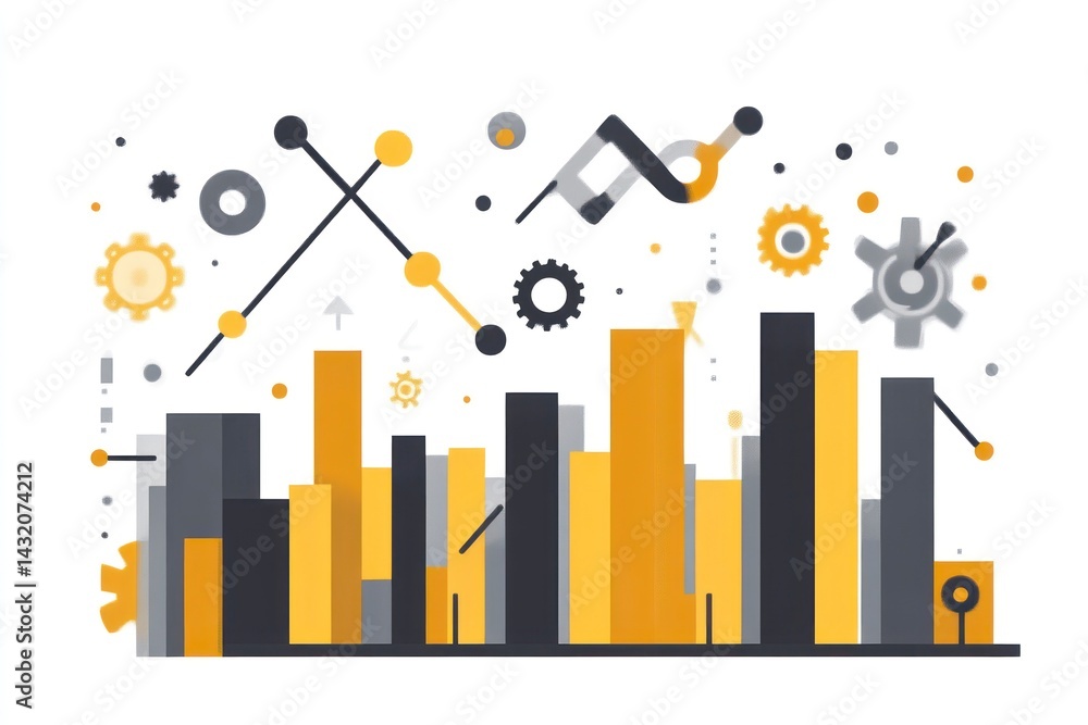 Aufkleber business growth and analytics illustrated with graphs gears and data visualization elements