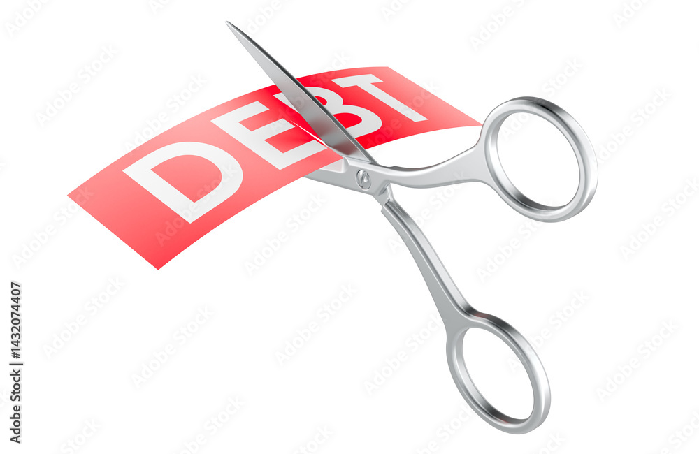 Poster scissors cutting debt. debt reduction, concept. 3d rendering isolated on transparent background