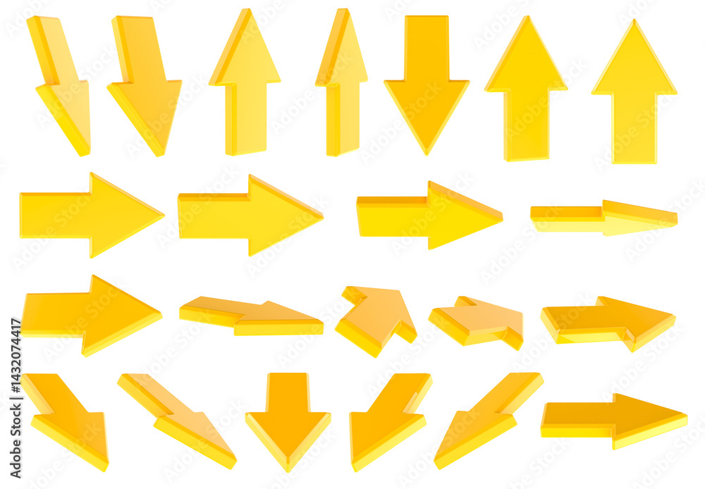 Poster isometric arrows set. yellow arrows different direction. side, top, front views. 3d rendering isolat