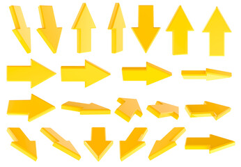Isometric arrows set. Yellow arrows different direction. Side, top, front views. 3D rendering isolated on transparent background