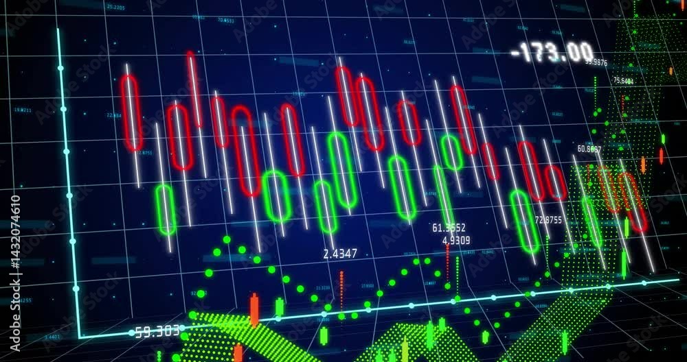 Poster red and green candlestick bars undulating over 3d blue grid render, showing numeric data patterns