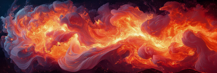 Inferno cloudscape: Abstract fiery flames and swirling smoke in deep space, backdrop for fantasy art, poster, or dramatic background