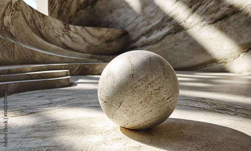 Poster a serene marble sphere resting on a textured stone surface in a modern architectural setting