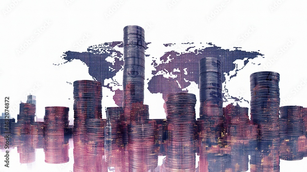 Poster merged abstract skyline with stacks of money and world map design