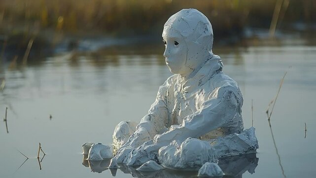 A serene scene of a white statue-like figure sitting in calm water, surrounded by tall grass, evoking tranquility