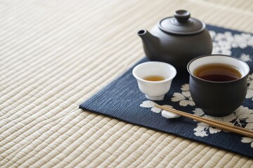 Traditional tea set on mat