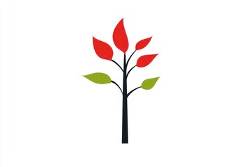 Obraz premium Abstract Tree Design with Vibrant Red and Green Leaves Minimalist Artwork for NatureThemed Pr