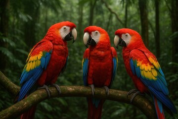 Obraz premium Three Scarlet Macaws Perching on Branch in Lush Rainforest