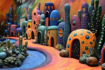Stylized cartoon house in bright colors, fairytale city. 3d render cartoon city stylized illustration art picture. Children's drawing of the city, print for clothes and wallpaper, poster.