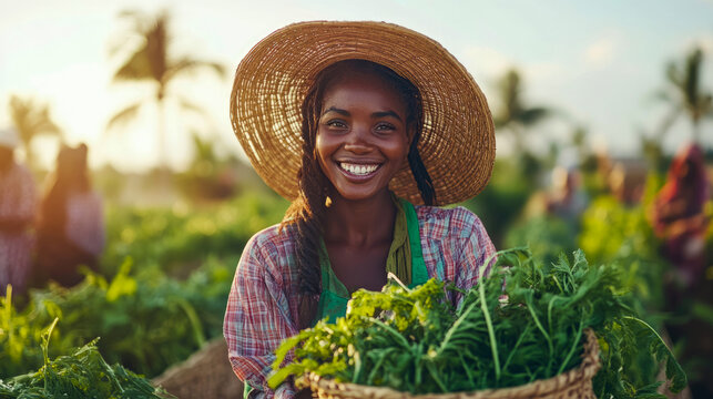 Harvest Joy: Portrait of a Farmer with a Woven Basket Overflowing with Fresh Greens