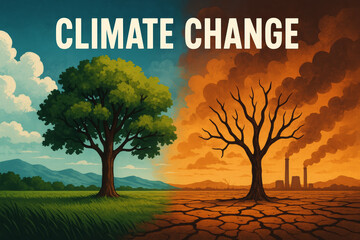 Climate change concept with split landscape showing healthy green tree and dry barren tree – global warming, pollution, and environmental crisis