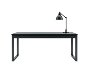 Modern black desk with adjustable lamp home or office workspace isolated on transparent background