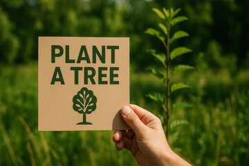 Hand holding a cardboard sign with “Plant a Tree” message – eco-friendly campaign concept, environmental awareness, and reforestation support
