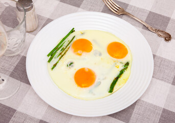 Homemade healthy breakfast: fried eggs and asparagus