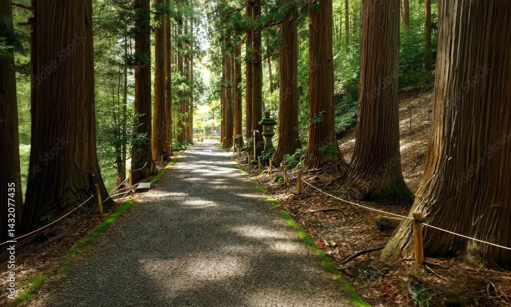Poster serene forest path with stone lanterns and tall trees