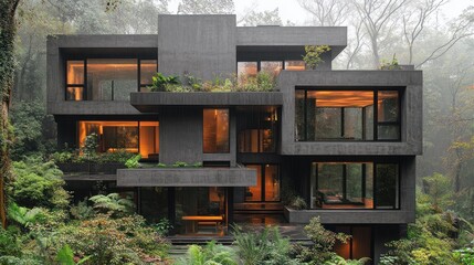 Modern Concrete House in a Misty Forest
