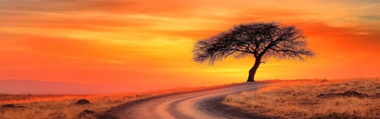 Sunset Over the African Savannah with Acacia Tree and Dramatic Orange Sky