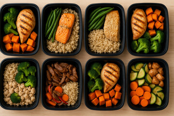 Healthy meal prep containers with grilled chicken, salmon, rice, and vegetables – clean eating and nutrition planning for fitness and diet