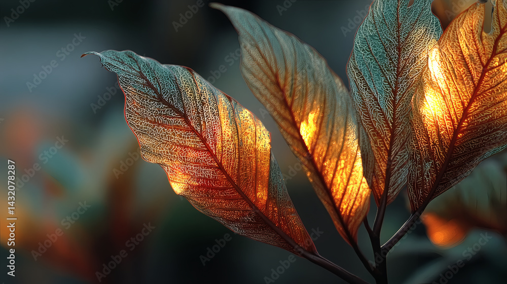 Poster glowing leaves with intricate patterns and subtle light reflections