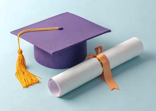 3D Purple Graduation Cap with Yellow Tassel and Diploma with Orange Ribbon for Academic Achievement and Education Success Design