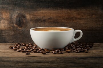 White coffee cup, latte art, coffee beans on wood
