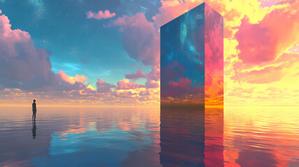 Cosmic monolith reflecting universe on water surface with solitary figure contemplating dreamscape. Dream Monolith. Illustration