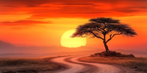 Obraz premium Sunset Over the African Savannah with Acacia Tree and Dramatic Orange Sky