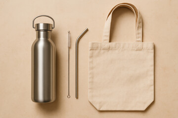 Eco-friendly reusable items including stainless steel bottle, metal straw, brush cleaner, and canvas tote bag – zero waste flat lay on beige background