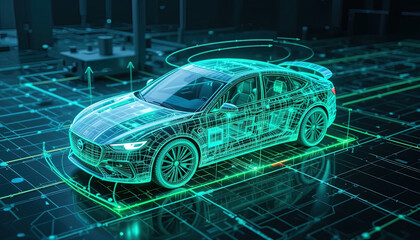 Digital representation of a modern vehicle, showcasing its internal systems and connectivity through intricate, glowing lines and circuits.
