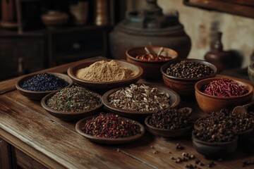 Assorted spices in rustic bowls