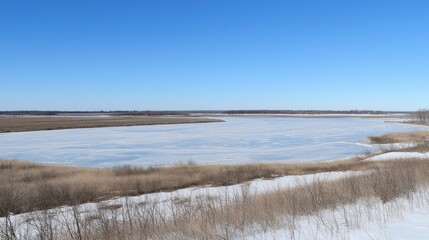 Frozen River Winter Landscape with Snow and Ice
