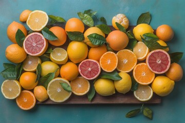 Citrus fruits spread out on a wooden board with vibrant colors and lush green leaves in a bright setting