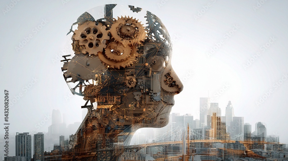 Poster surreal representation of artificial intelligence with gears and cityscape