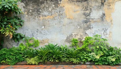 Aged wall with lush greenery