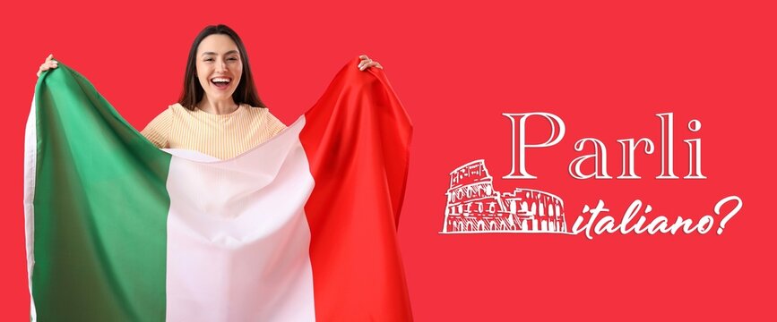 Young woman with flag and text PARLI ITALIANO? (DO YOU SPEAK ITALIAN?) on red background