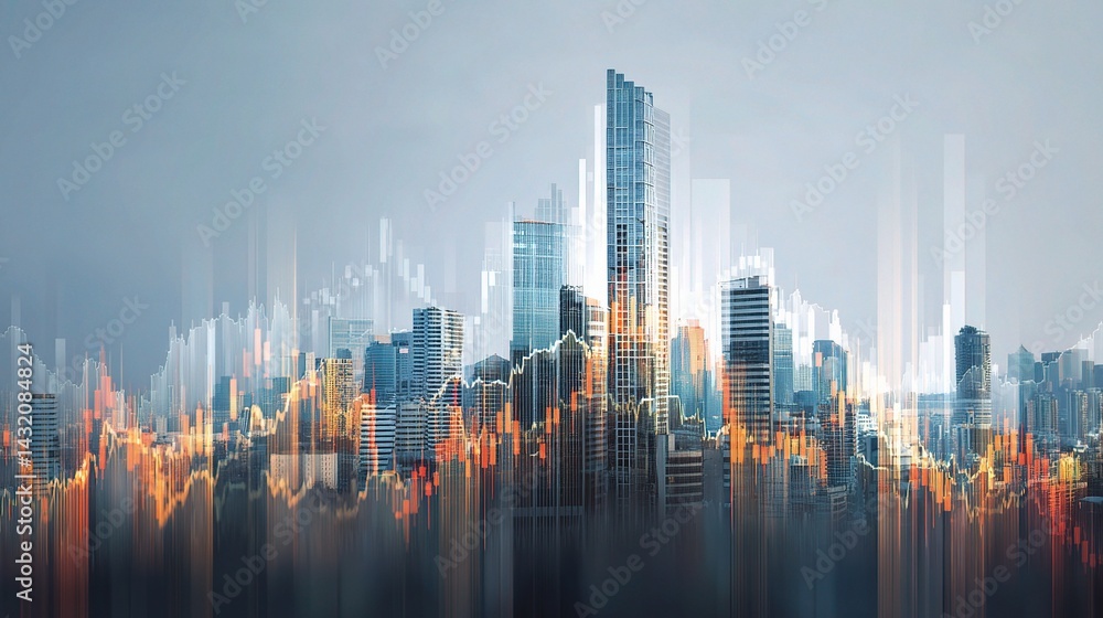 Poster abstract financial graph with layered lines and city background