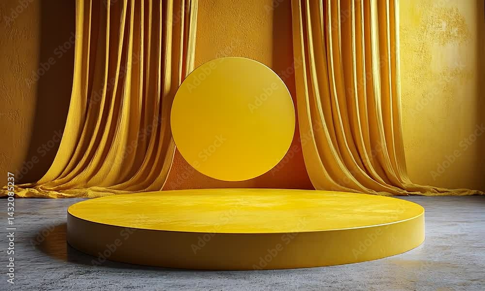 Poster a vibrant yellow studio setup featuring a floating circular object against flowing drapes, ideal for