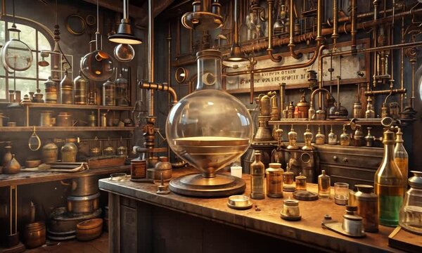 A vintage alchemist's workshop filled with glassware, tools, and herbs, bathed in warm sunlight